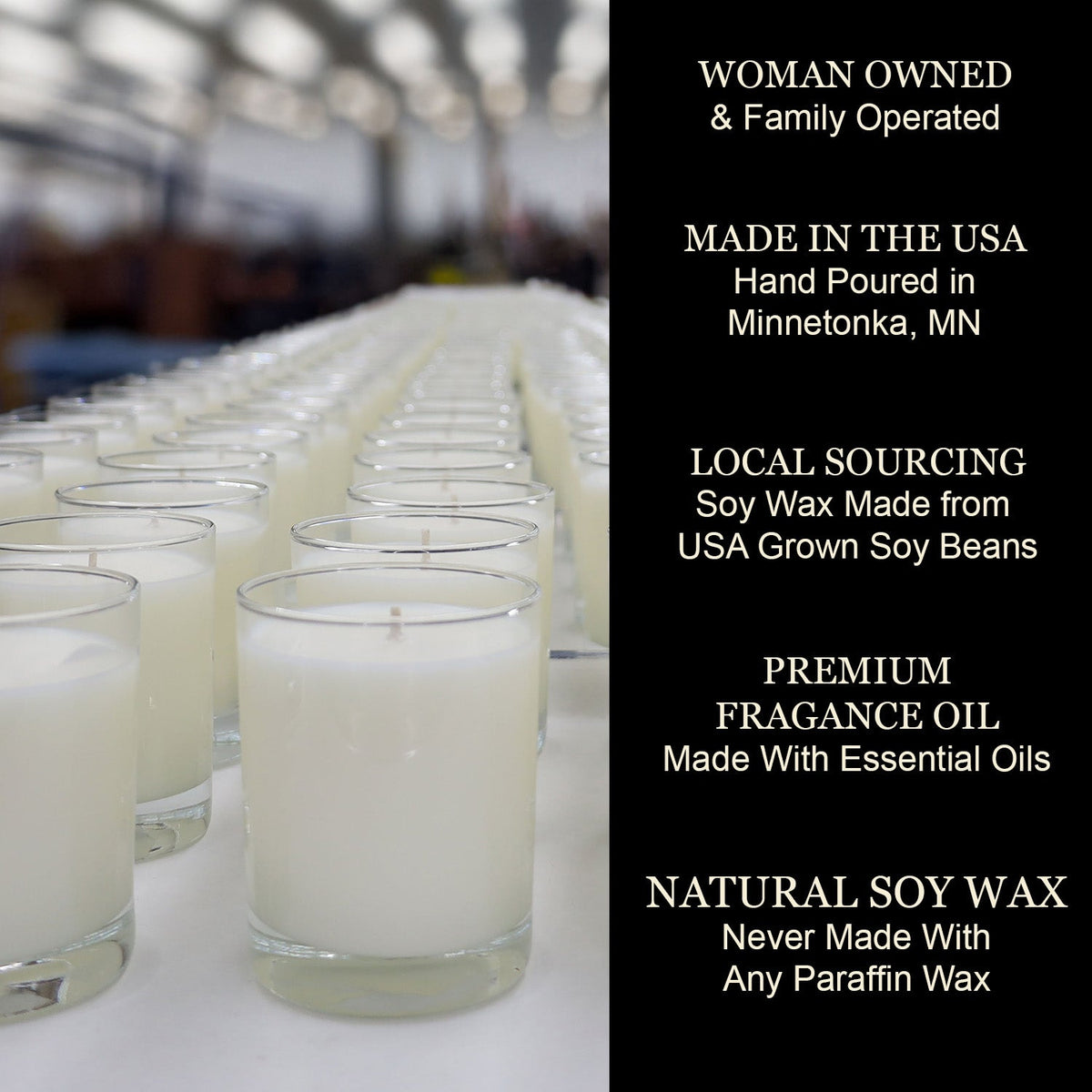 Rows of white jar candles with wicks, displayed in glass containers