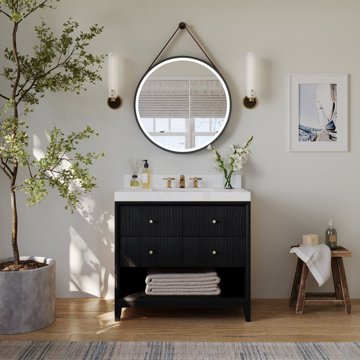 36" black bath vanity set with round mirror and gold hardware, white countertop and sink