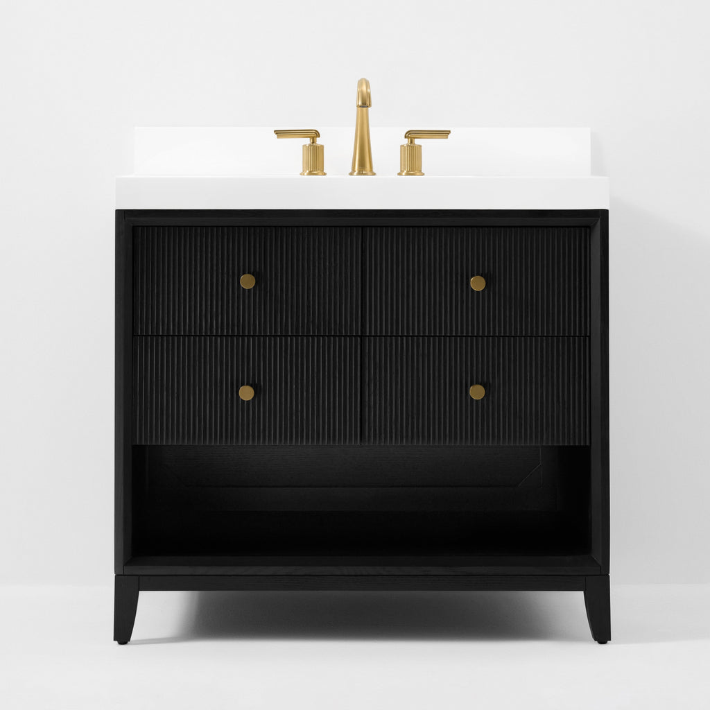 Black bath vanity cabinet with four drawers, white top, and gold round knob hardware