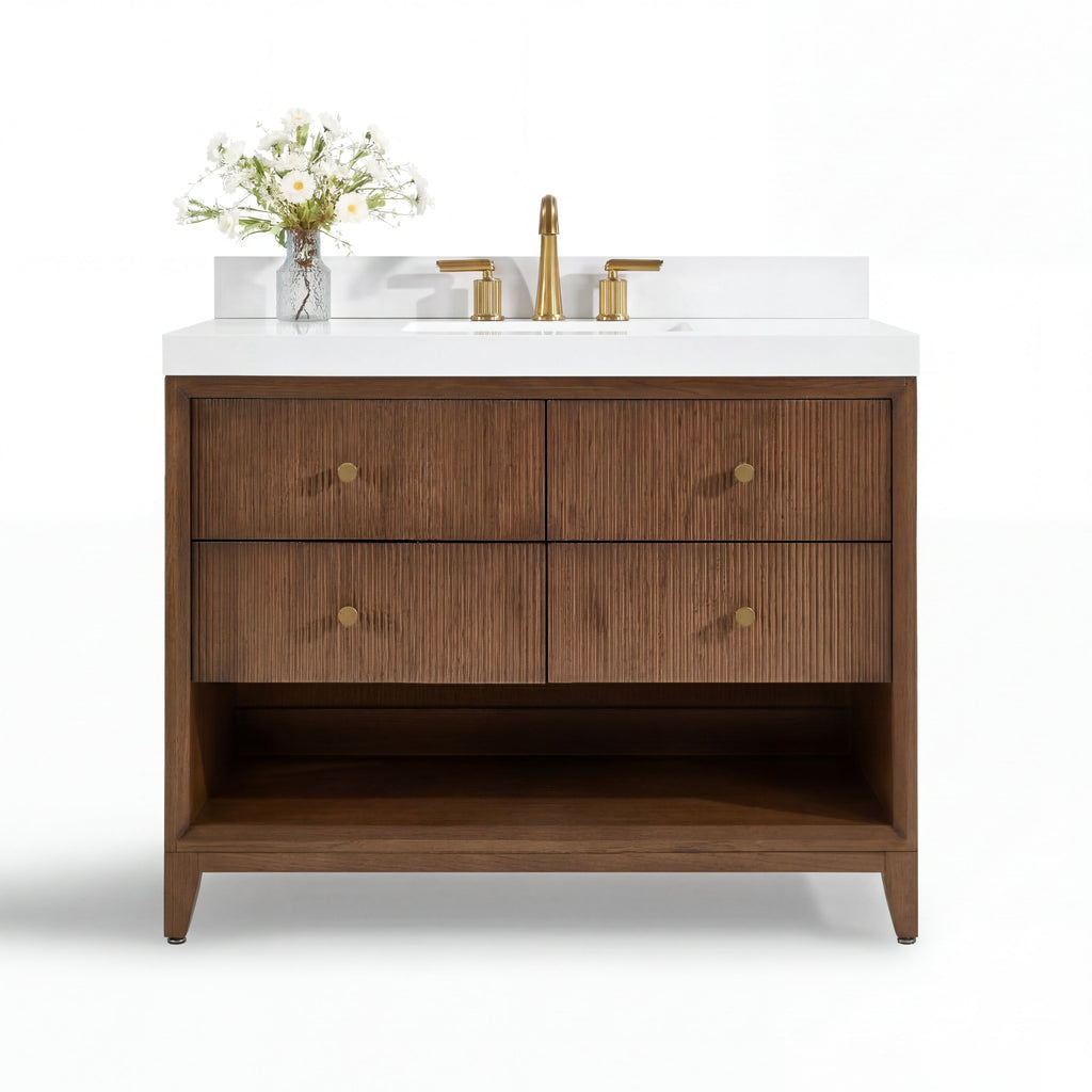 Chestnut bath vanity set cabinet with four drawers, gold round knobs, white countertop