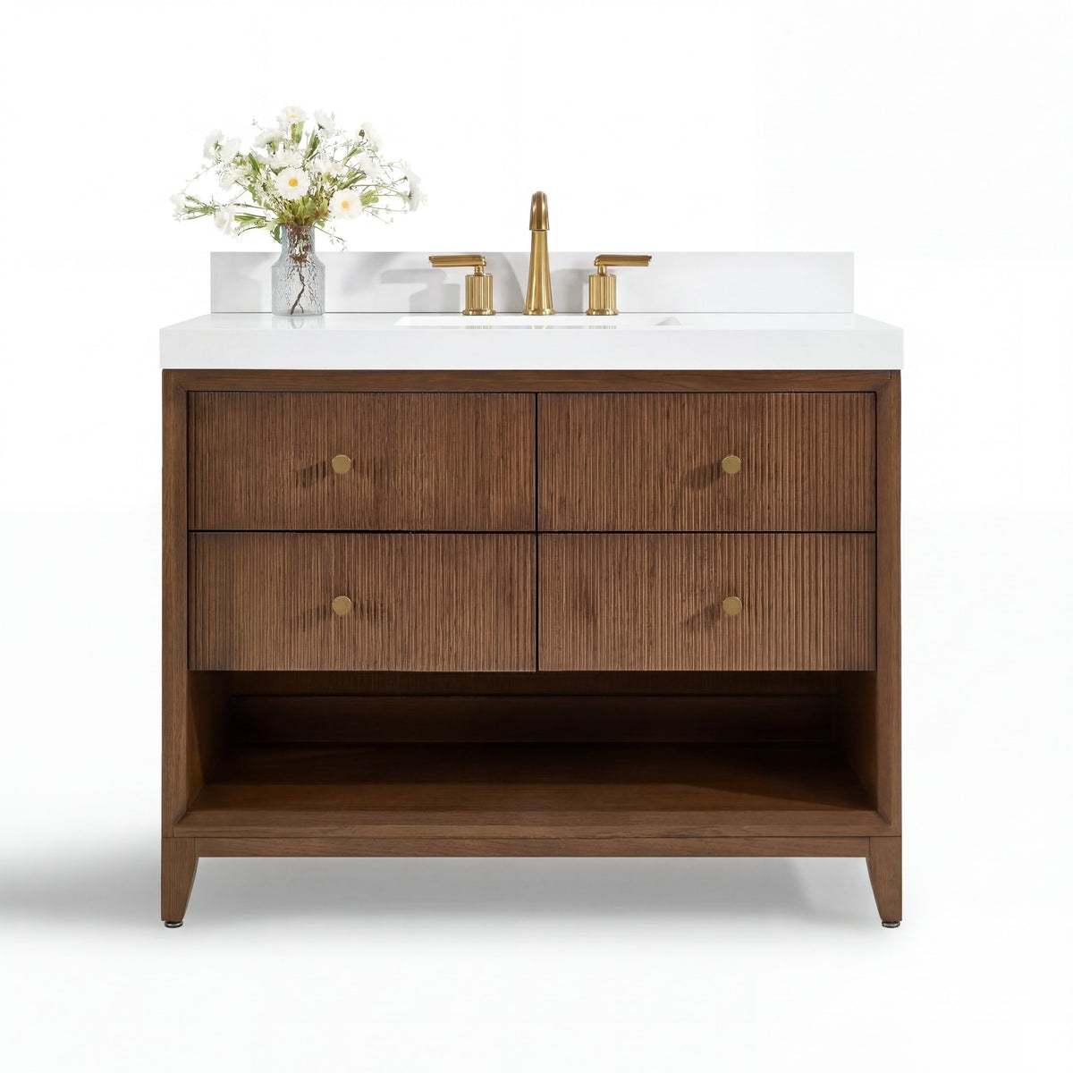 Chestnut bath vanity set cabinet with four drawers, gold round knobs, white countertop
