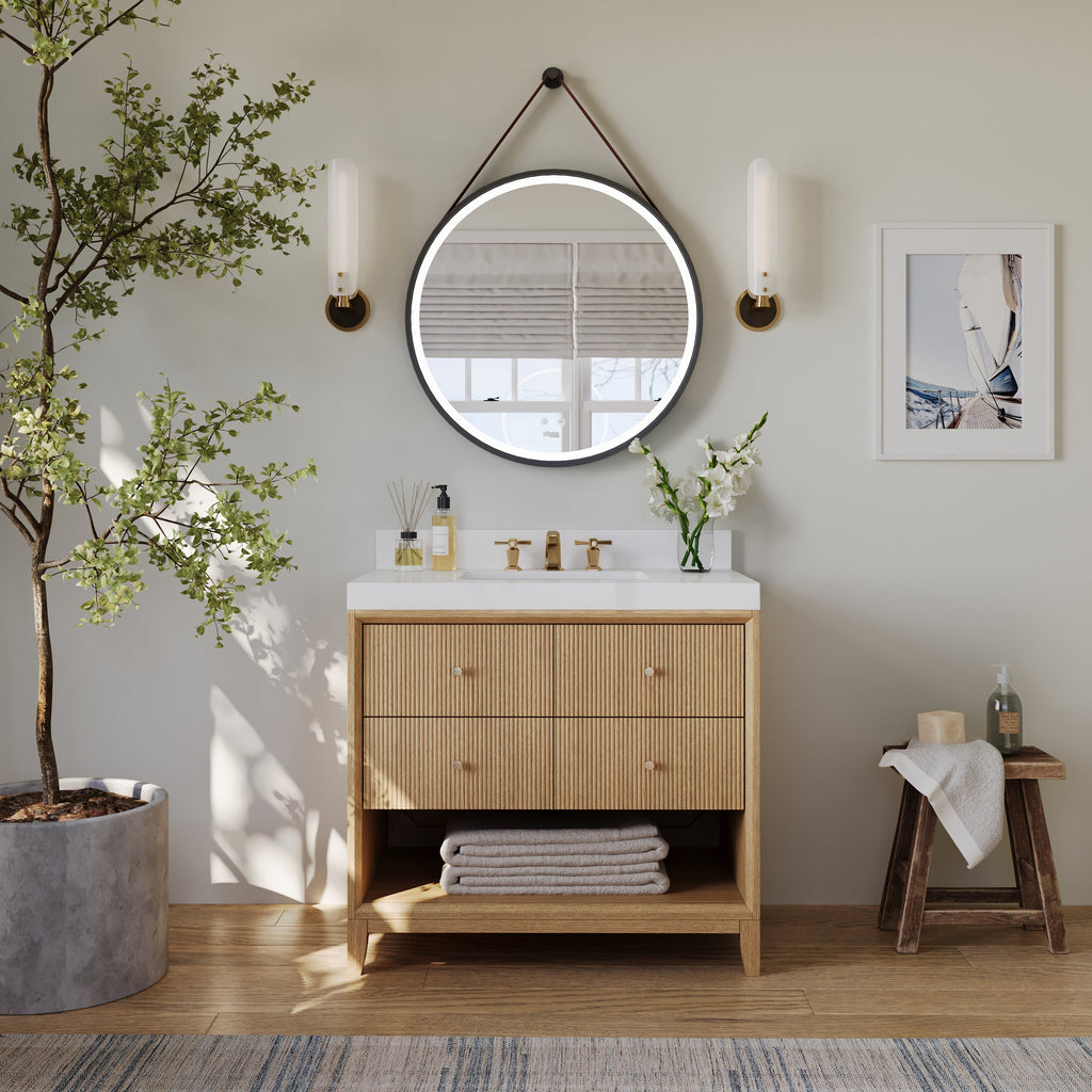 36-inch oak bath vanity set with round mirror, gold hardware, and white countertop