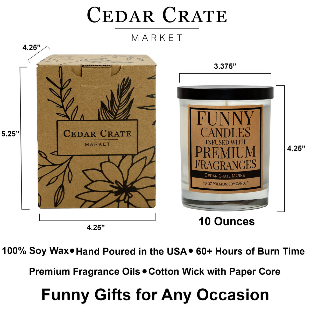 Cedar Crate candle jar and gift box with size labels, 10 oz shown