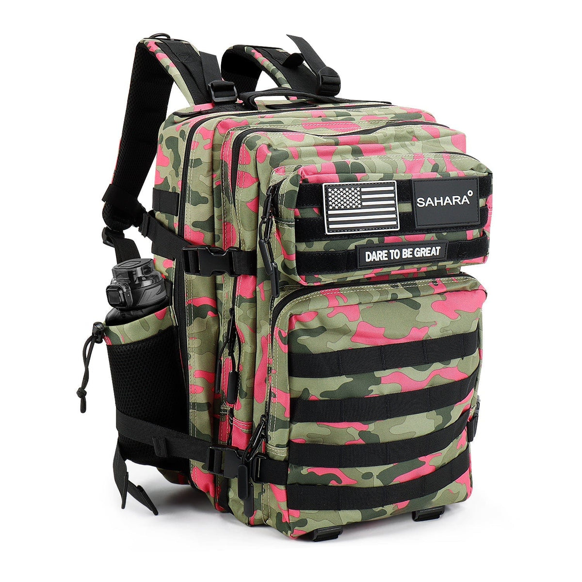 Pink and green camouflage travel backpack with front patch panel and webbing straps