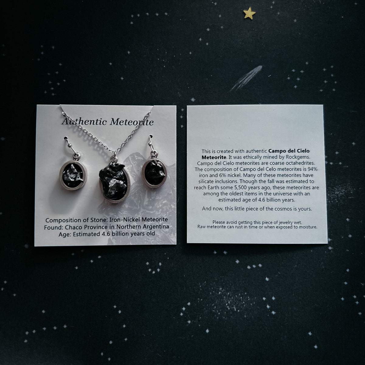 Oval meteorite pendant necklace trio with dark oval stones on linked chains