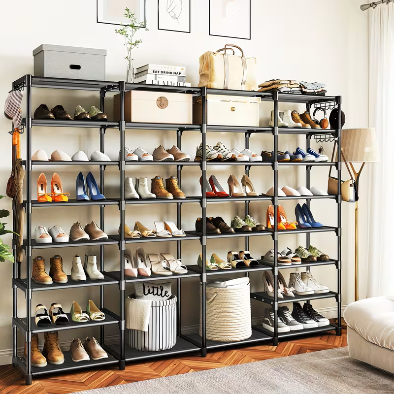 Multi-layer shoe rack organizer with black metal frame and open shelves for shoes
