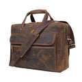 Brown leather briefcase with front zip pocket and crossbody shoulder strap