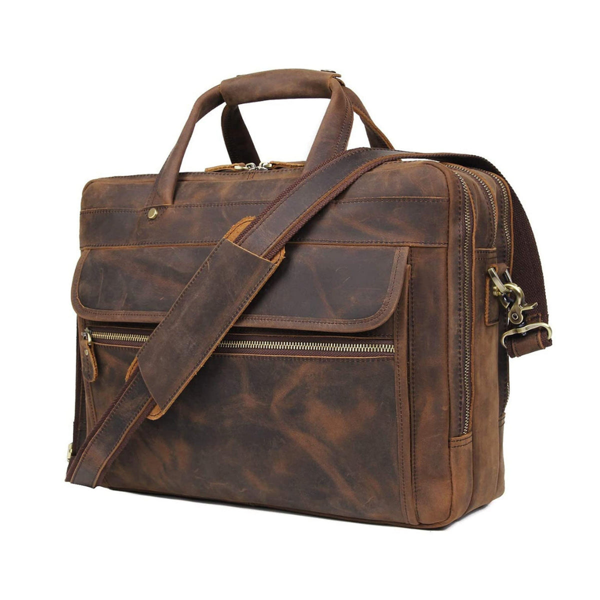 Brown leather briefcase with front zip pocket and crossbody shoulder strap