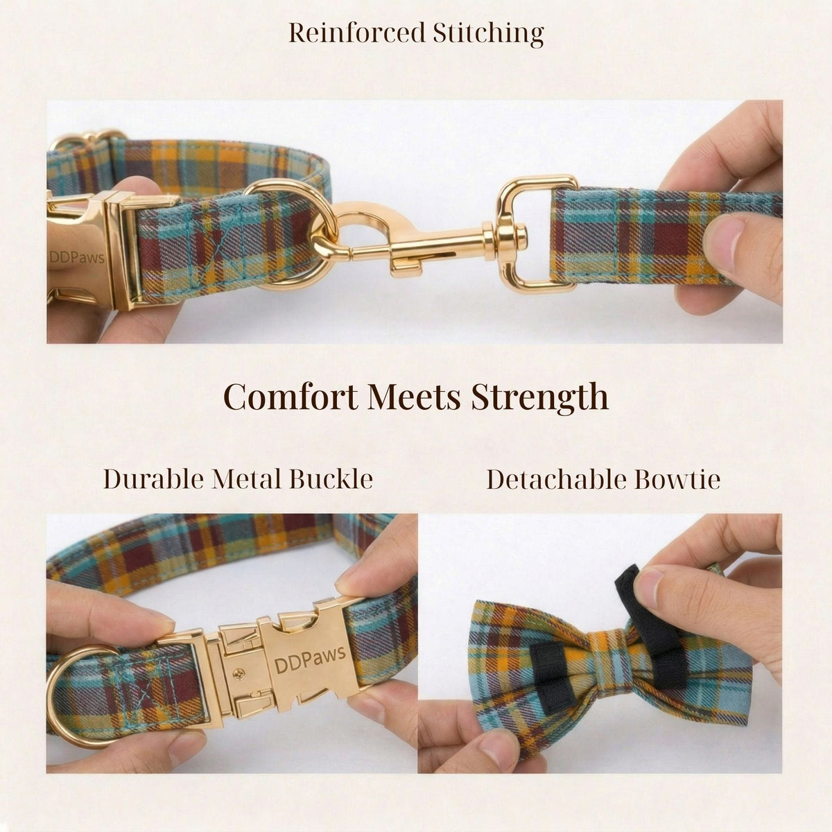 Plaid dog harness with metal buckle and detachable bowtie shown with close-up hands
