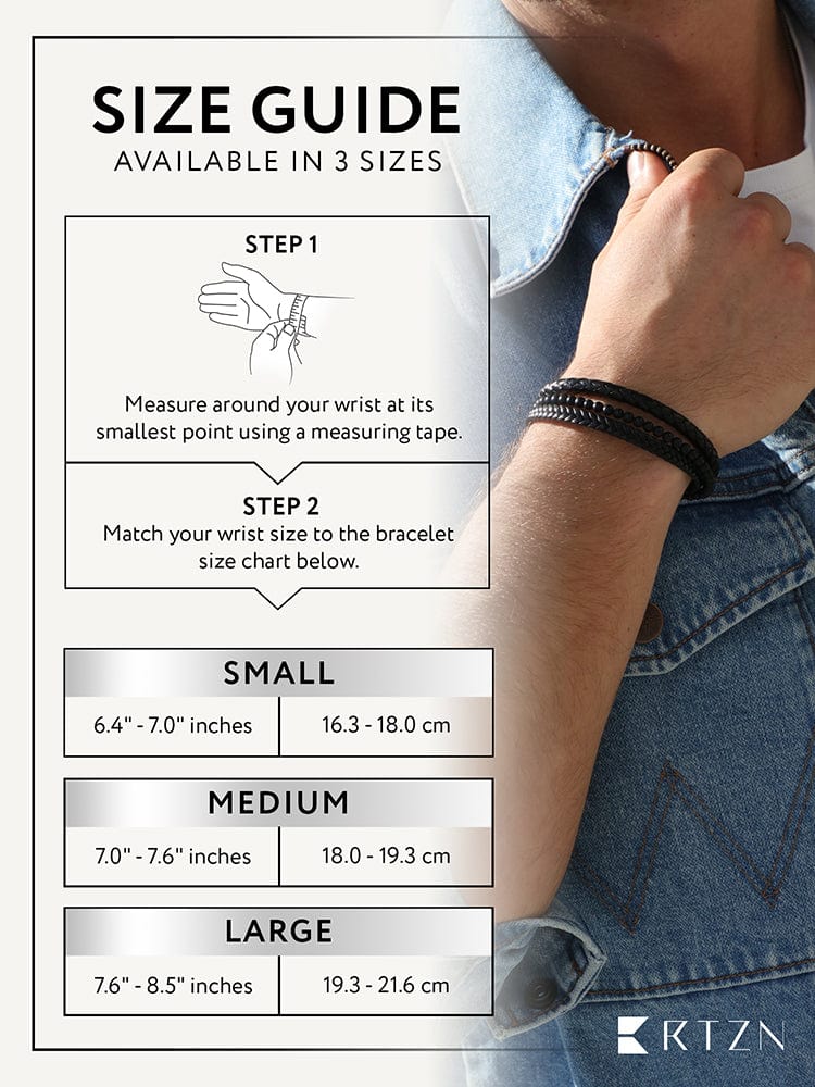 Black braided leather bracelet with bead rows on wrist.