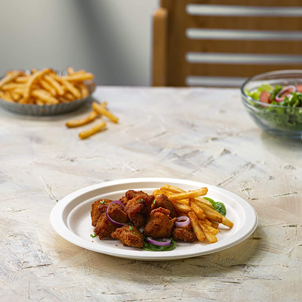 9-inch white disposable sugarcane paper plate with fried food and fries