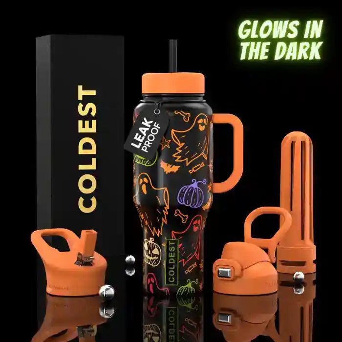36oz insulated water bottle with handle and straw, orange with multicolor creature artwork
