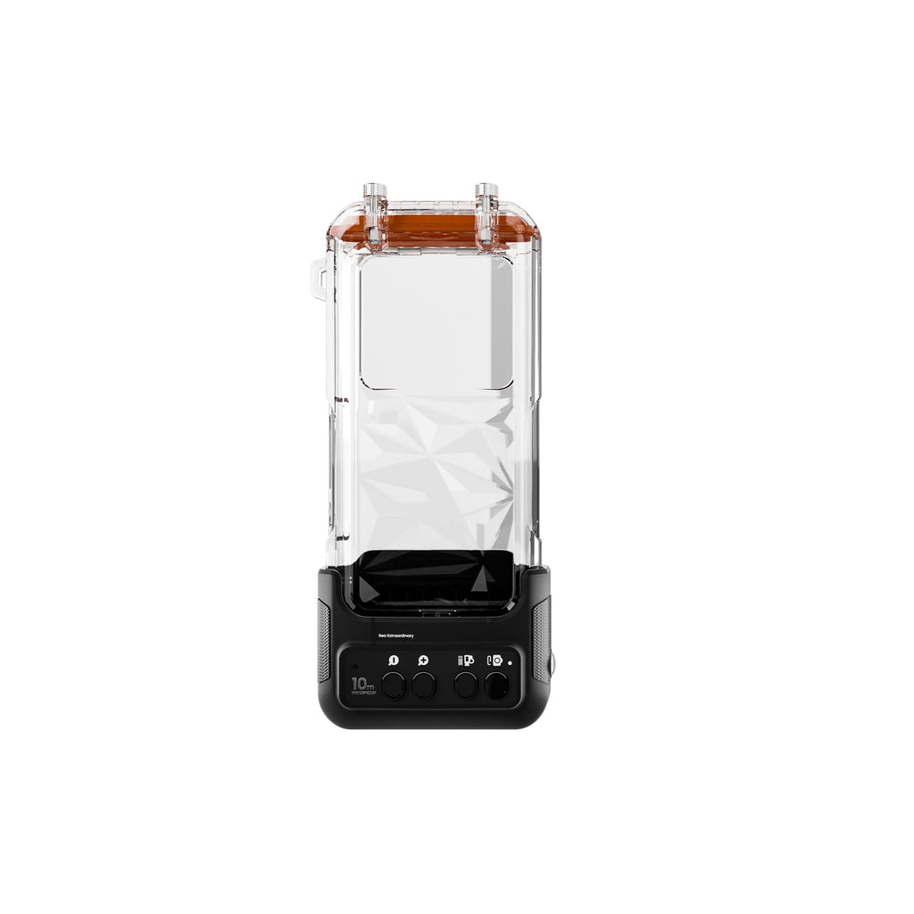 Clear waterproof phone case with orange accents and black bottom controls, wall mount