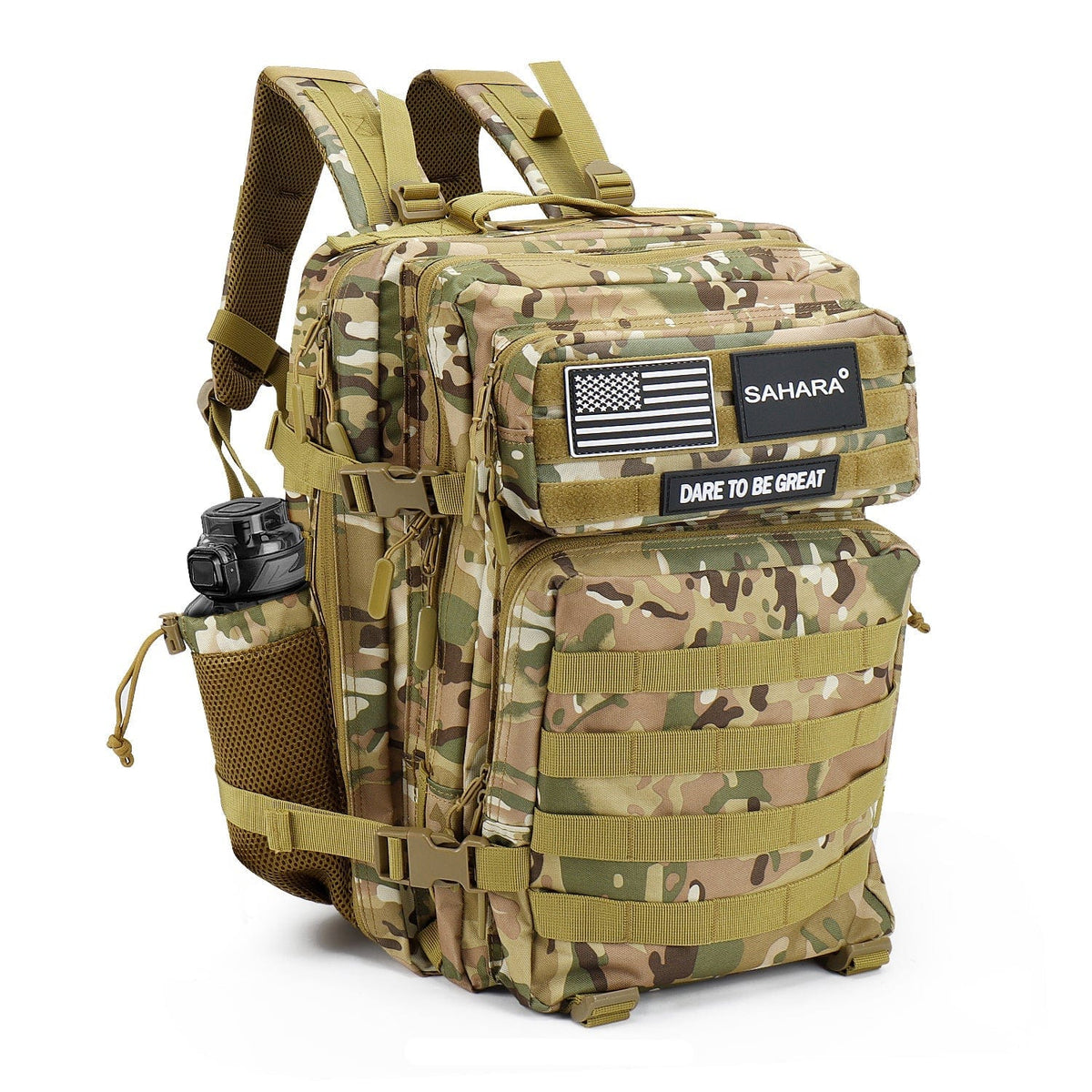 Tan and brown camouflage travel laptop backpack with front patch and bottle pockets