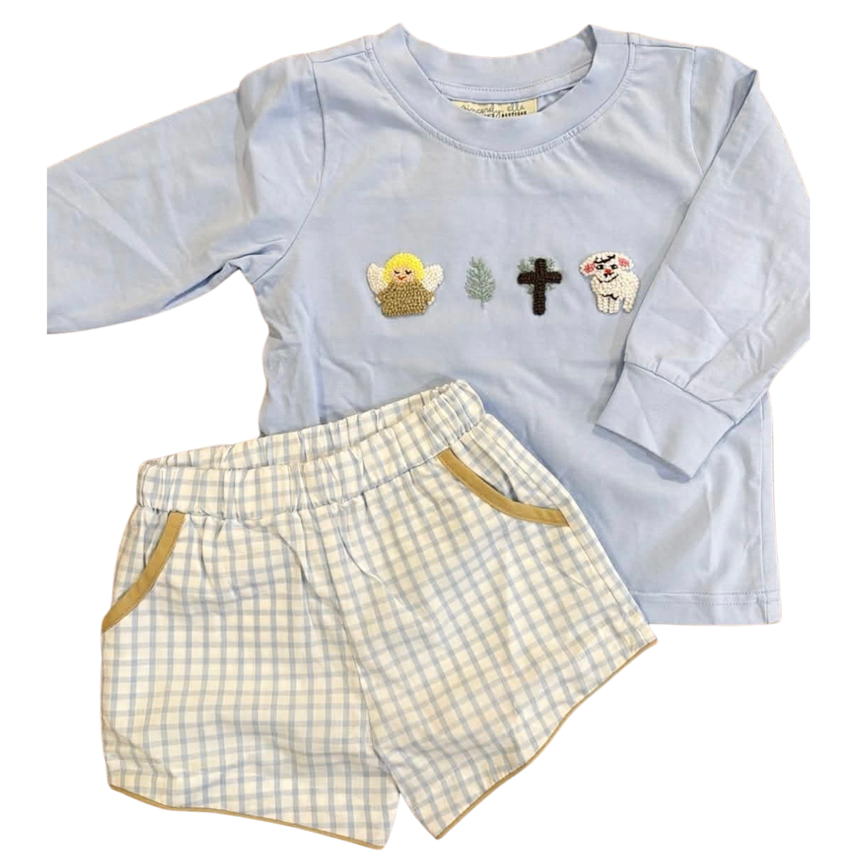 Boys Bible French knot shorts set with light blue long-sleeve top and plaid shorts