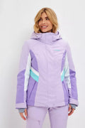 Lilac waterproof insulated jacket with hood and color-block sleeves, full front view