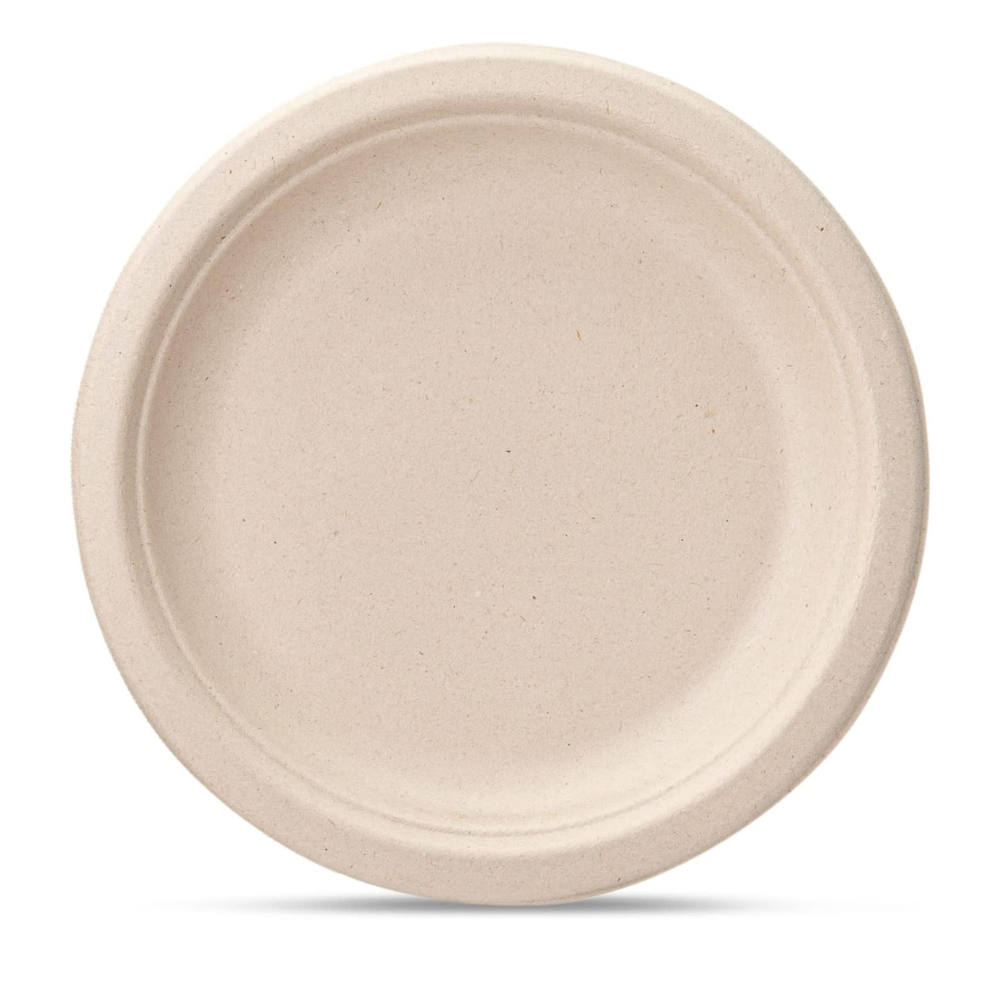 7-inch unbleached disposable paper plate with shallow rim, top view