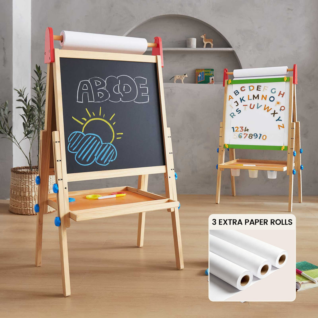 Tiny Land 3-in-1 art easel set with chalkboard, paper roll, and 3 paper refills