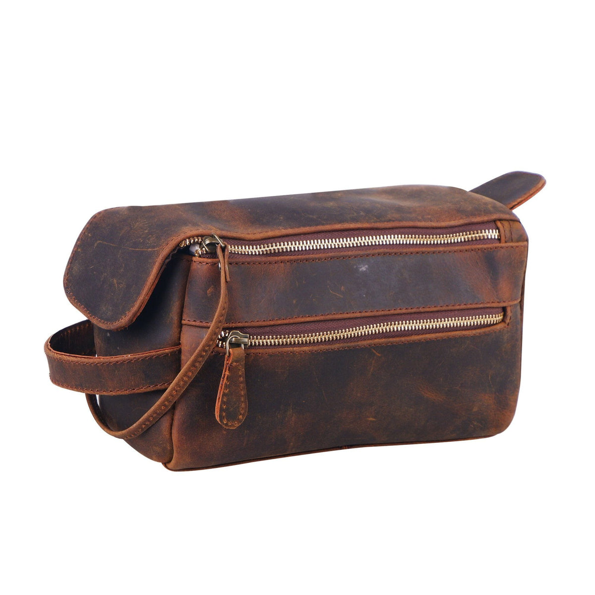 Brown leather travel dopp kit with top handle, flap, and dual zip compartments