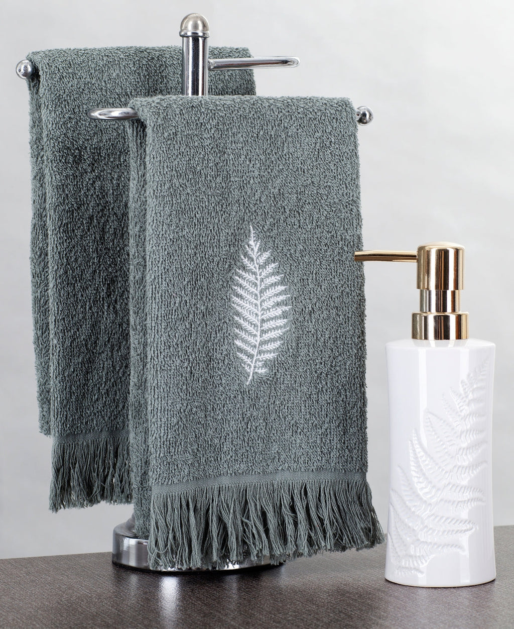 Gray-green leaf-embroidered towel set with countertop soap dispenser, 3-piece collection