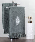 Gray-green leaf-embroidered towel set with countertop soap dispenser, 3-piece collection