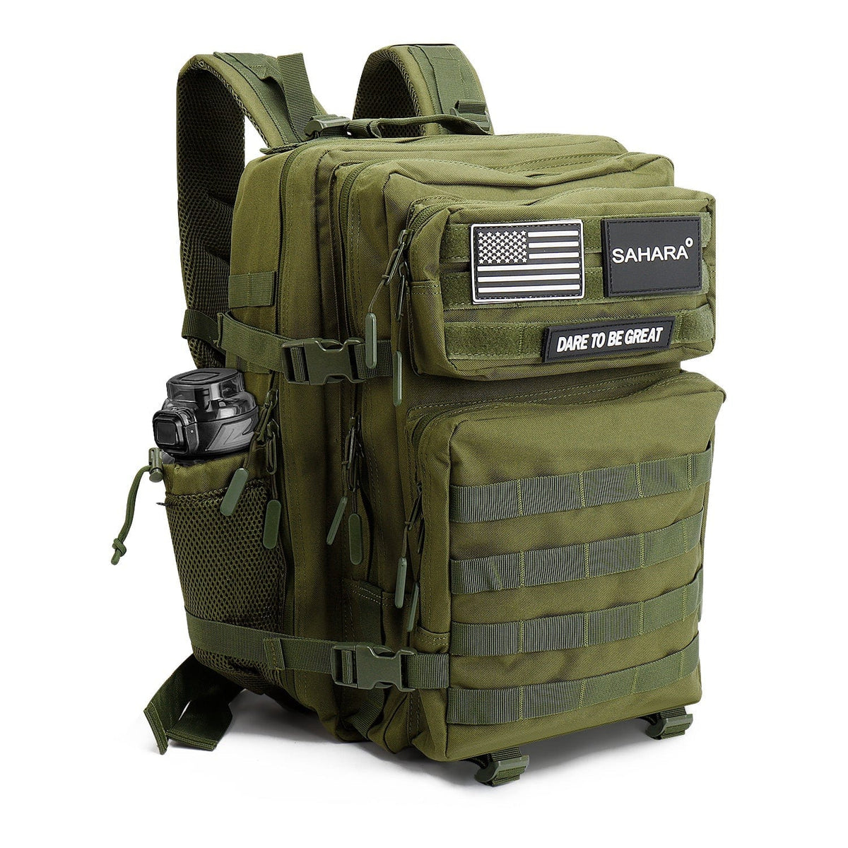 Army green tactical travel laptop backpack with padded straps, front pockets, and side bottle holder