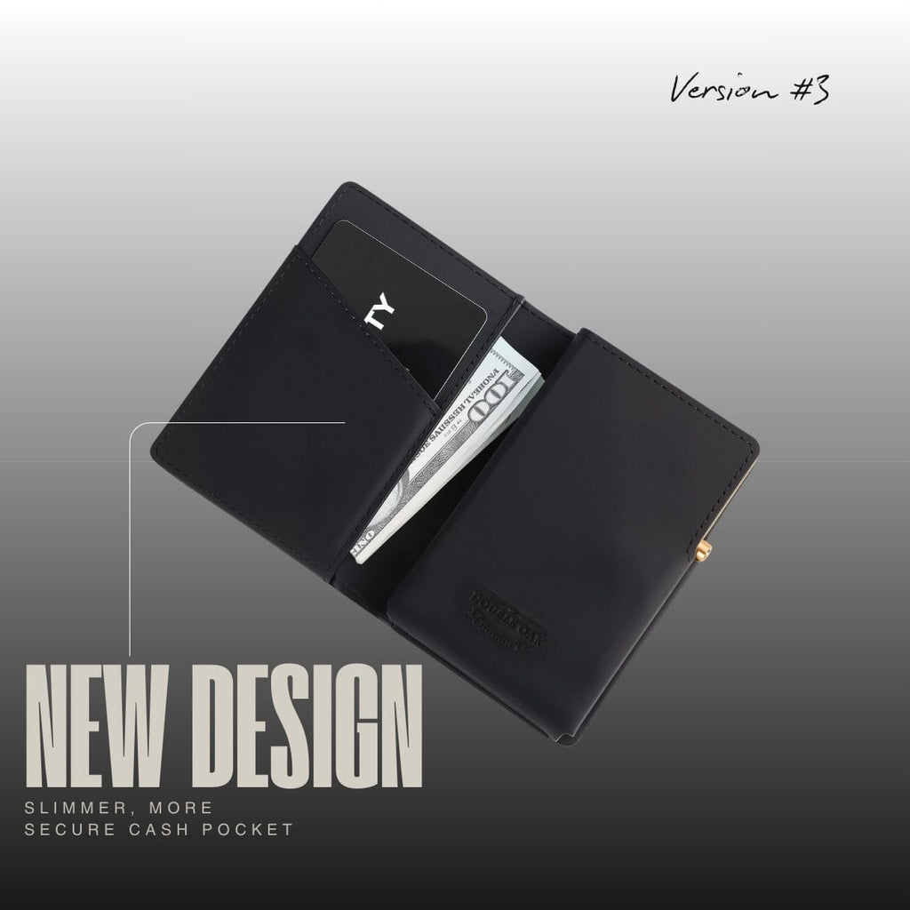 Black bifold wallet opened, showing card slots and a cash pocket