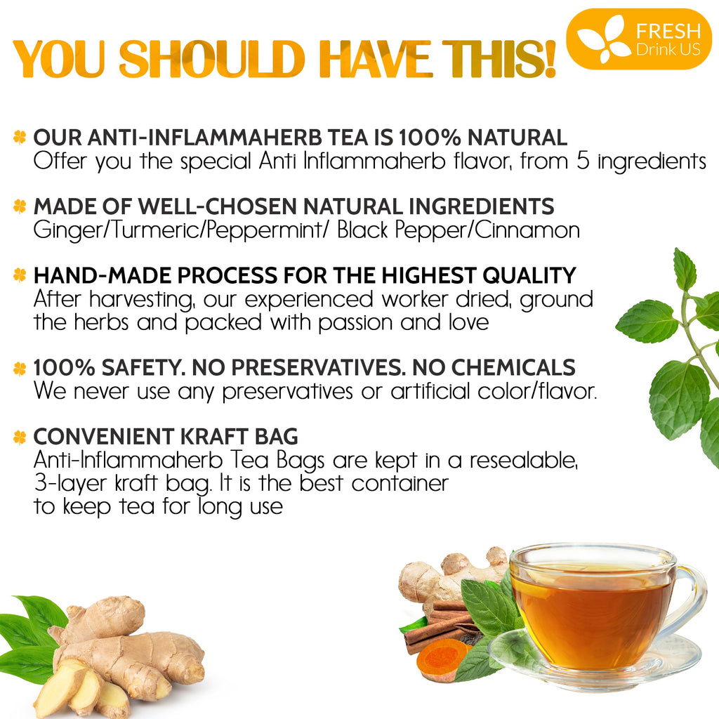 Herbal tea bags pack with cup of amber tea and fresh ginger, mint, and spices