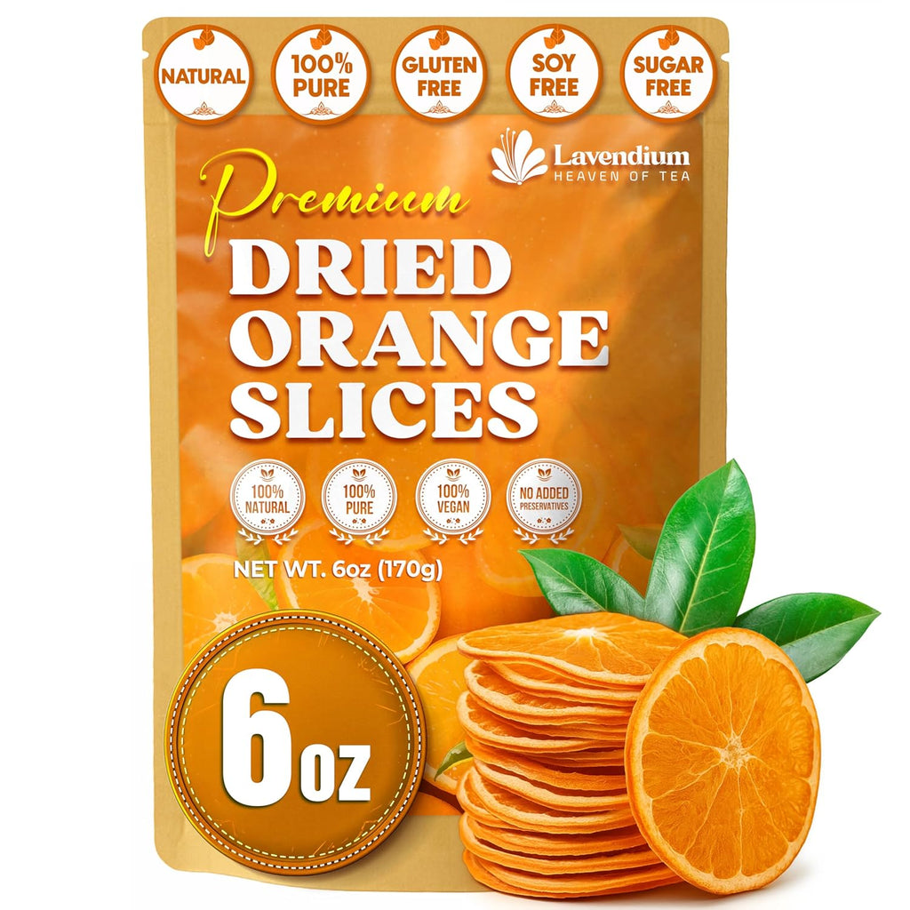 Bag of dried orange slices showing 6 oz package with orange slices and leaves