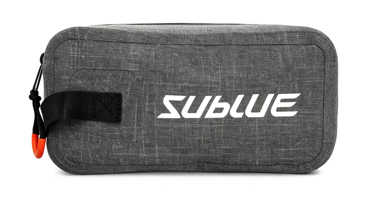 Gray zip pouch with Subwue logo and top handle loop