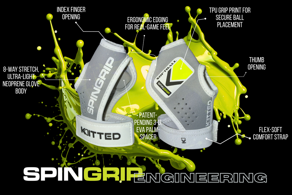 SpinGrip Softball glove, gray with neon green accents and perforated finger pads