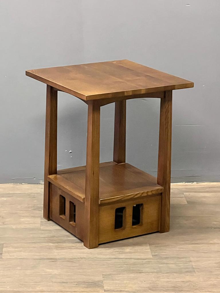 Walnut wood taboret end table with open lower shelf and square side cutouts