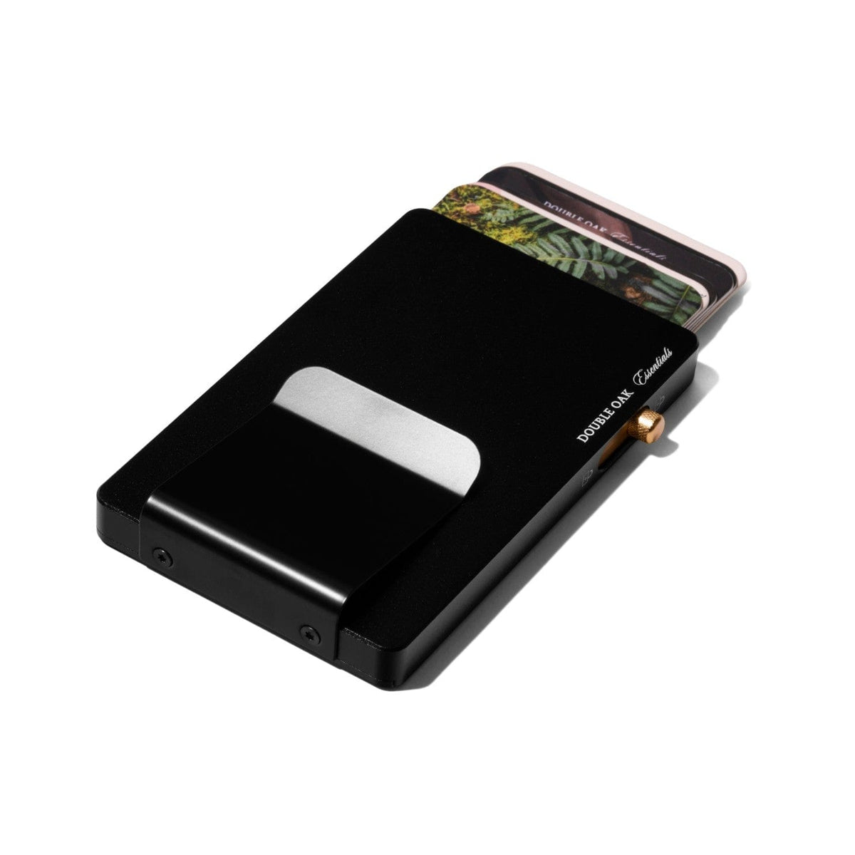 Black pop-up cardholder with hinged panel and card slot window