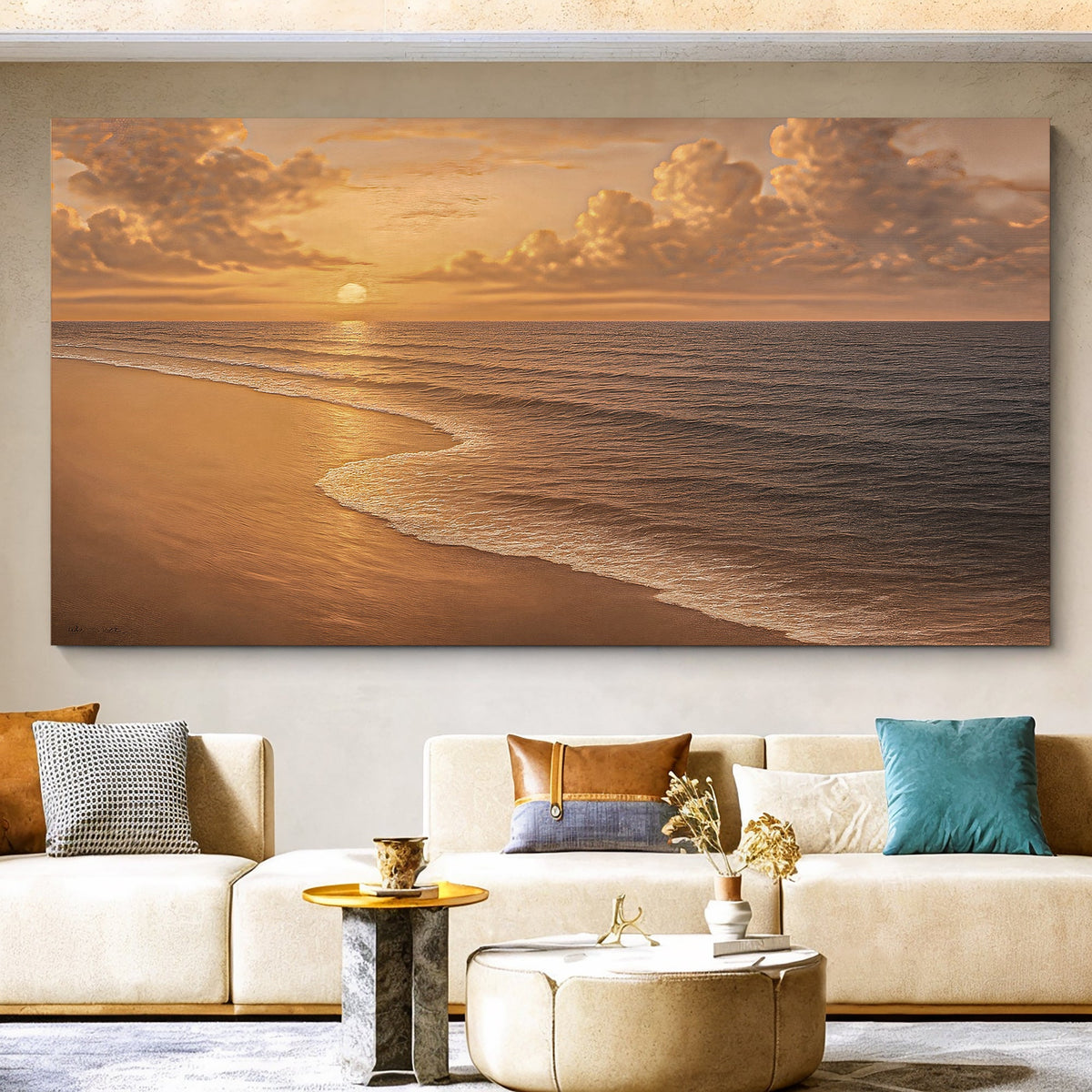 Landscape beach shoreline wall art canvas with golden sunset sky and calm waves
