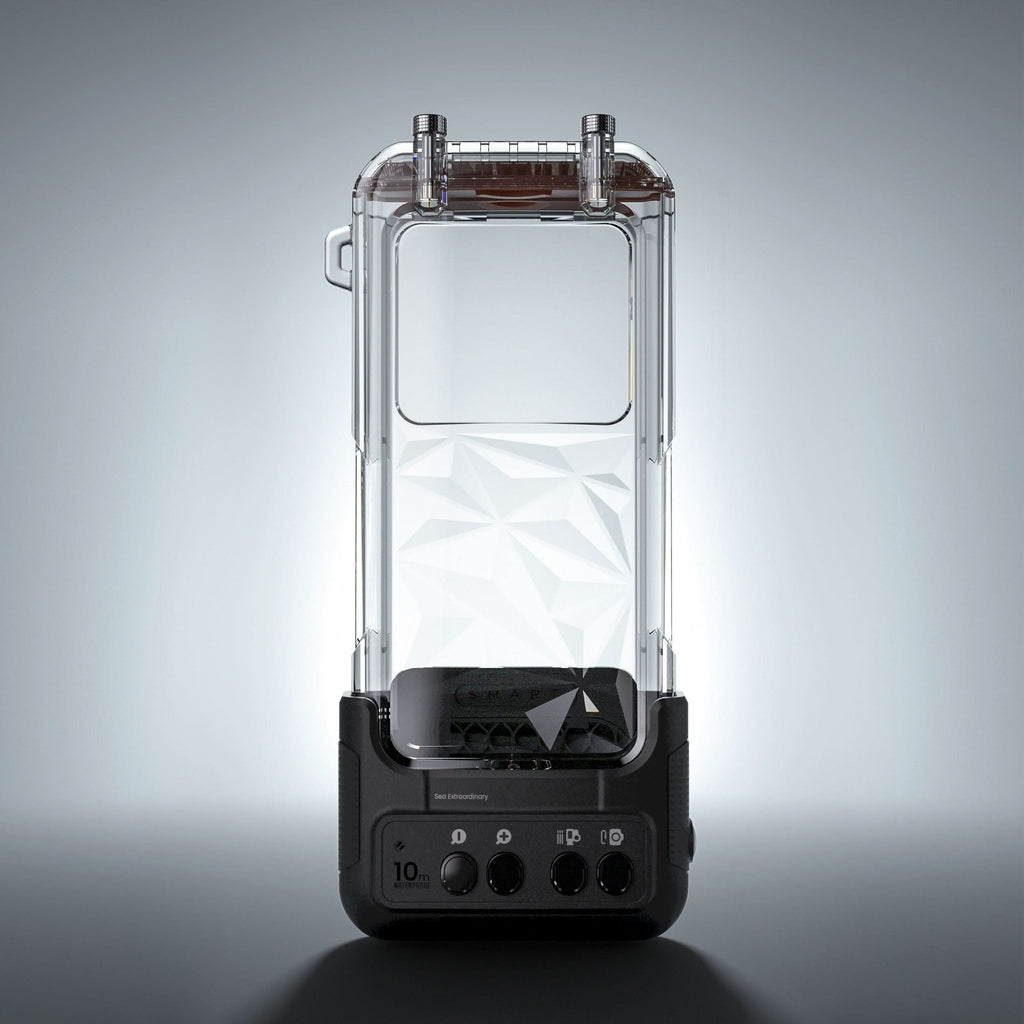 Waterproof phone case with clear front window and black base with buttons