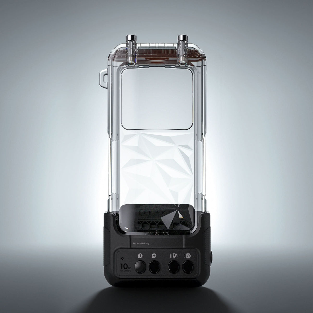 Waterproof phone case with clear front window and black base with buttons