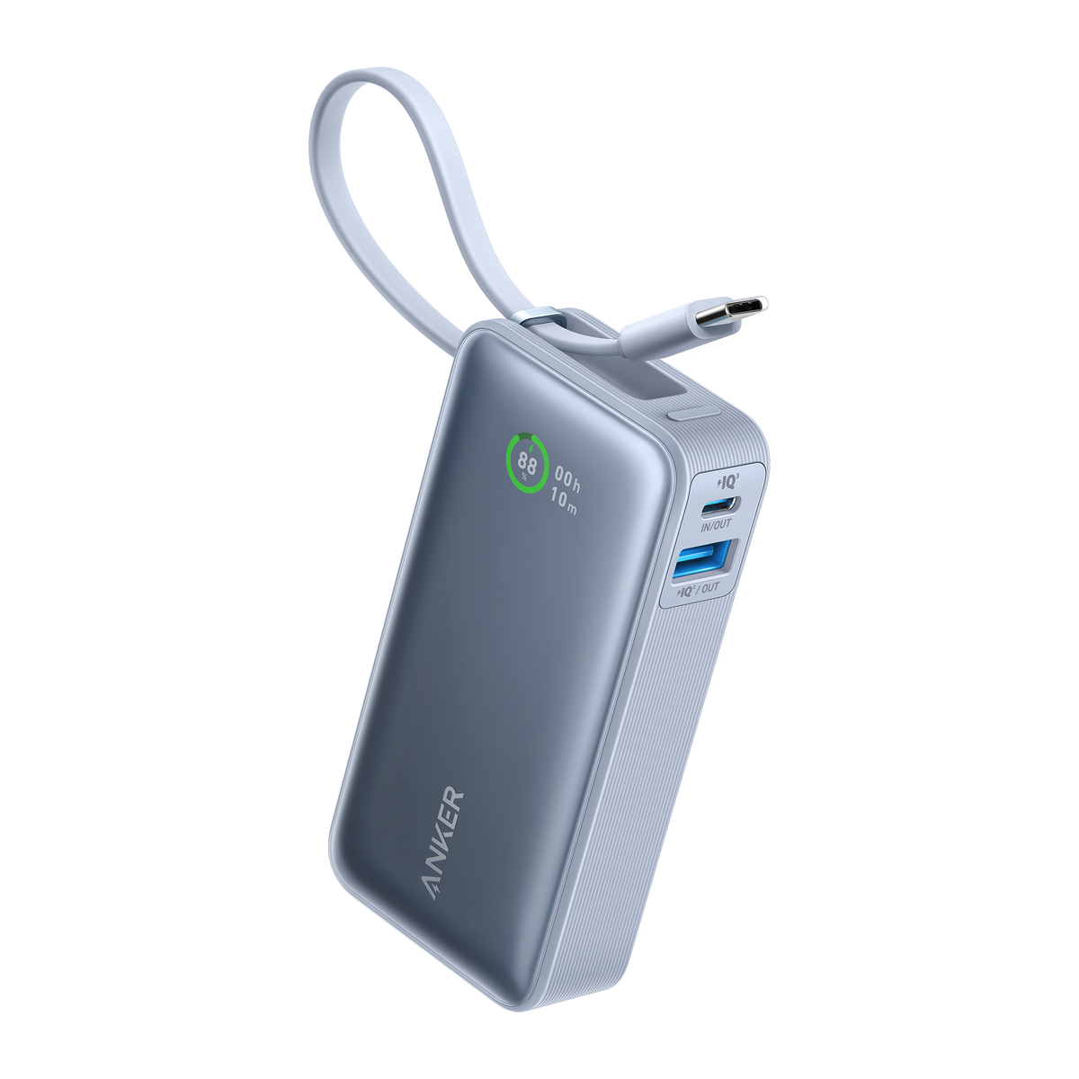 Light blue Anker Nano 30W power bank with built-in USB-C cable and indicator screen