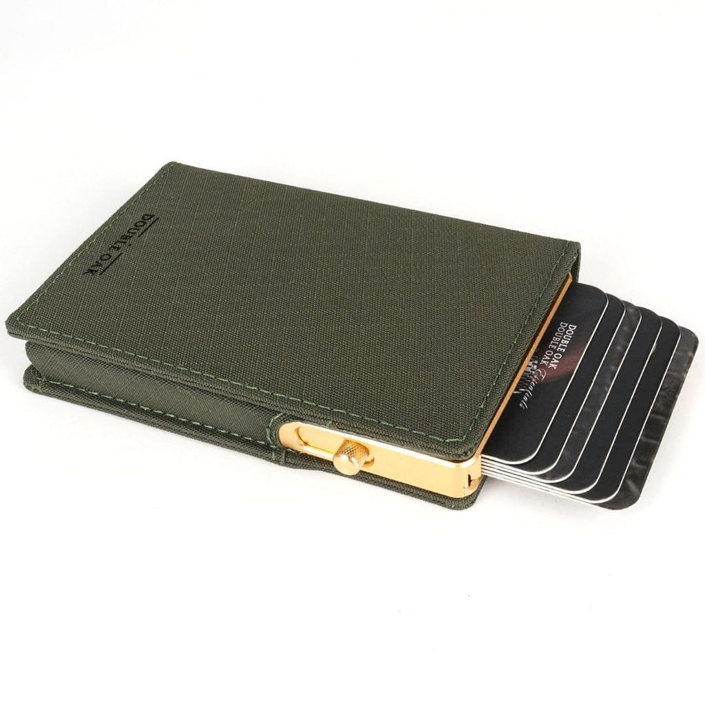 Olive green bifold wallet with snap closure and gold-tone buckle