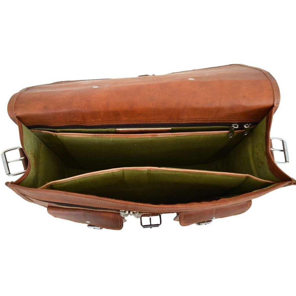Brown leather messenger backpack with open top and green fabric lining interior
