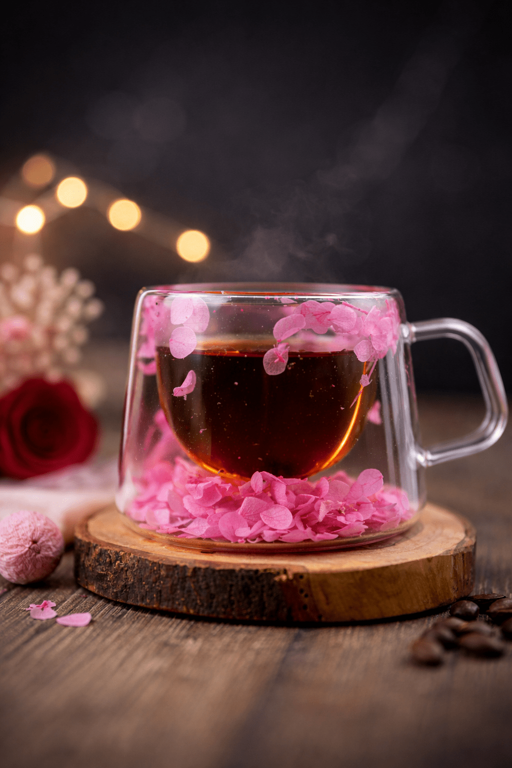 Floral glass mug with pink dried petals around base, clear handle, filled with dark tea