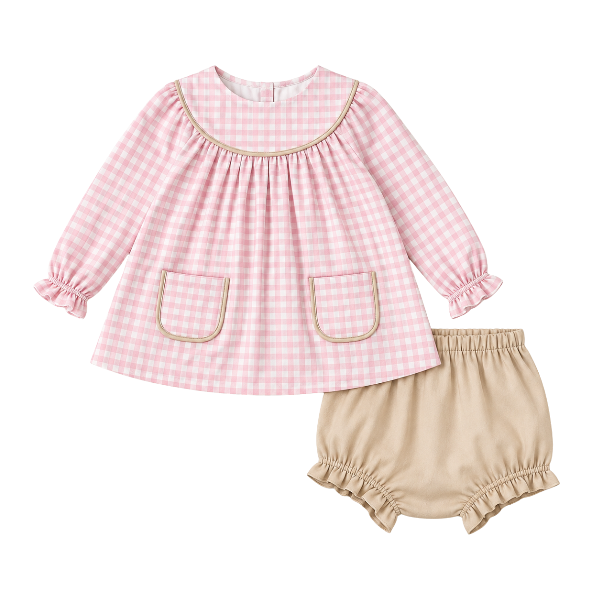 Girls pink gingham long-sleeve top with patch pockets and matching bloomer shorts