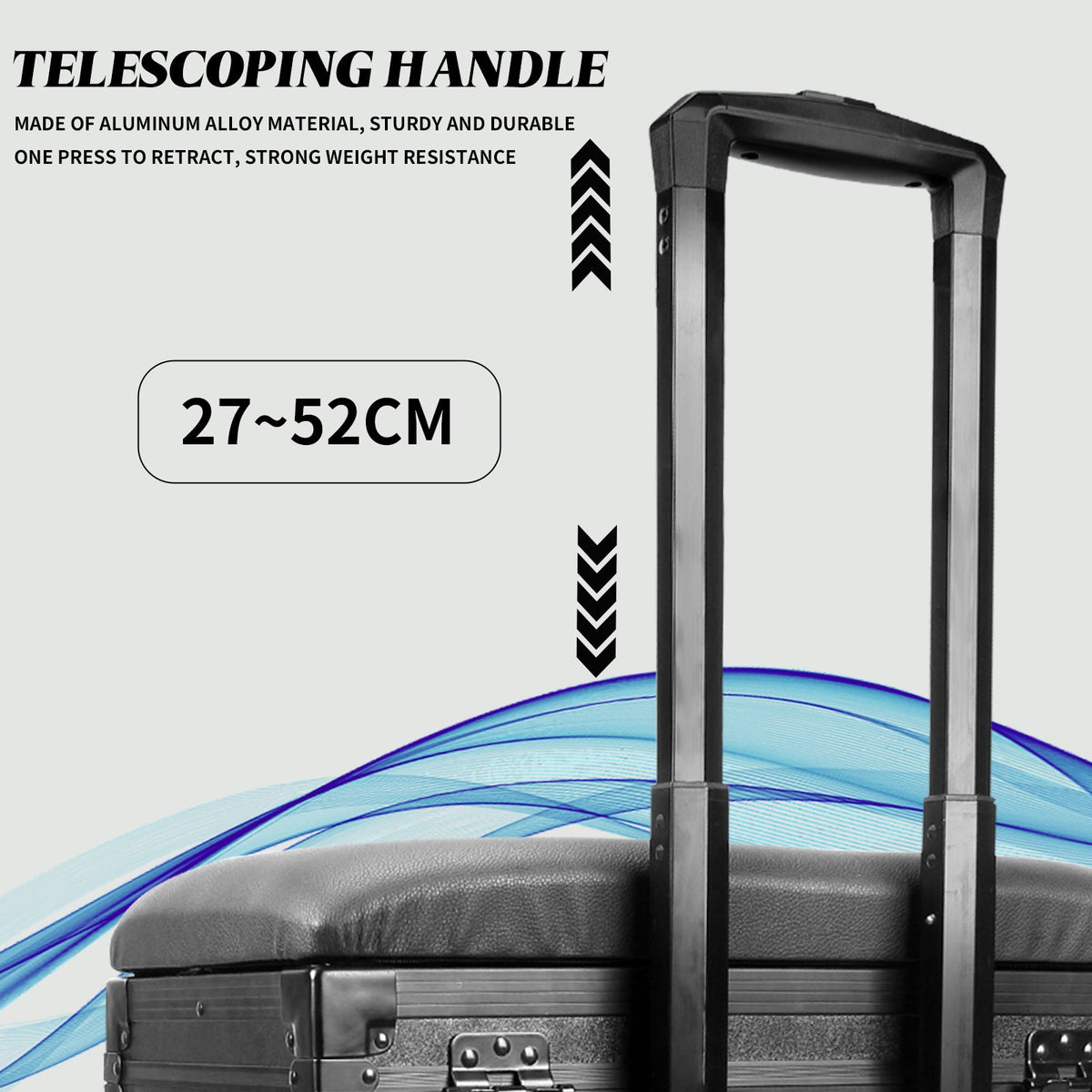 Black telescoping handle on rolling tattoo supply case, adjustable 27–52 cm