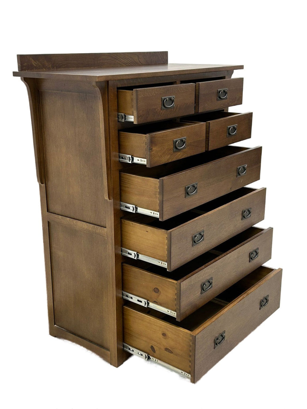 8-drawer dresser with drawers pulled out, showing black cup pulls and interior rails