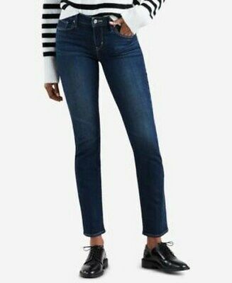 Levis women's mid-rise skinny jeans in dark blue denim, zip fly and belt loops