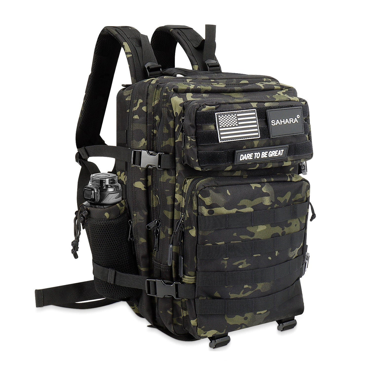 Camouflage travel and laptop backpack with padded straps and front organizer panels
