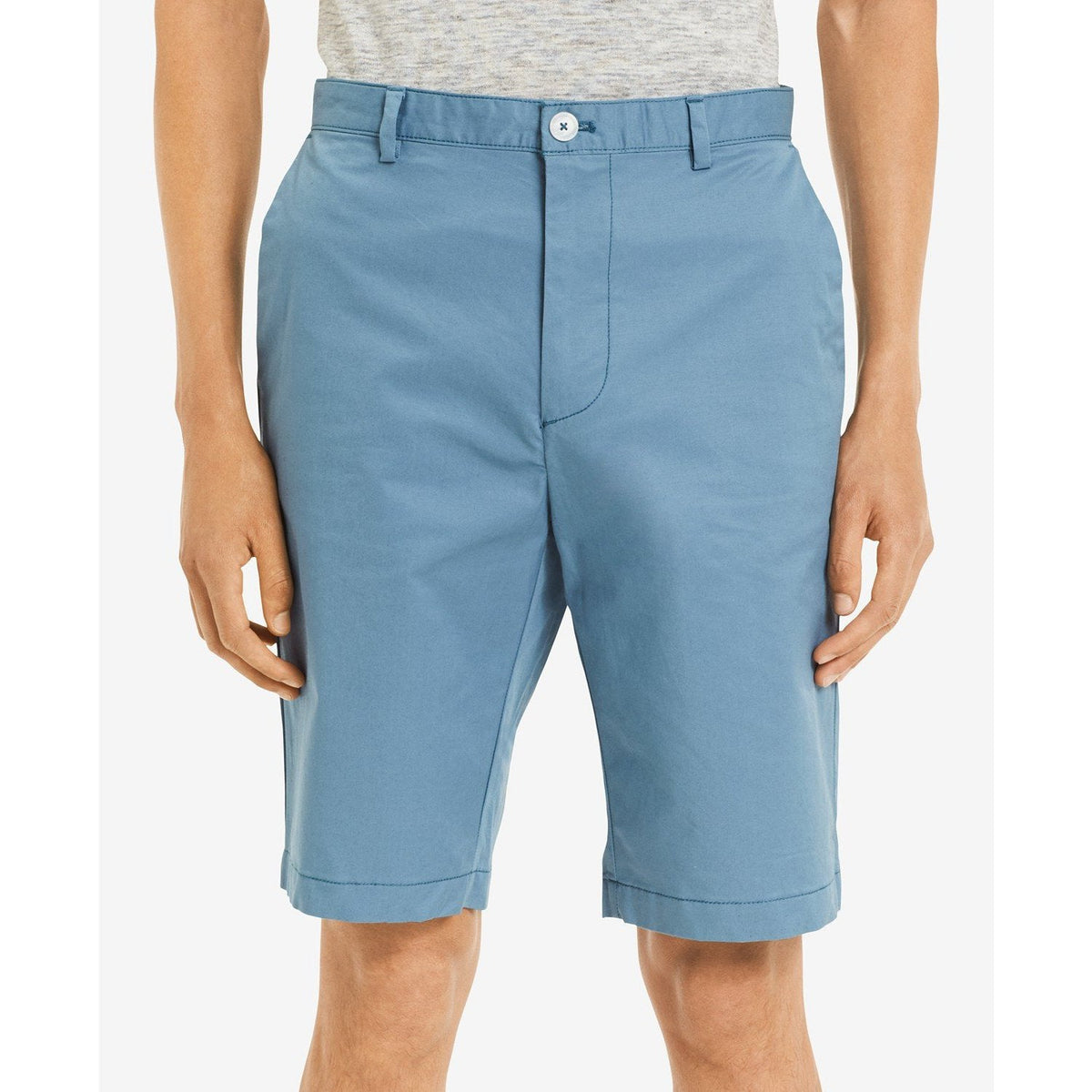 Calvin Klein men's stretch shorts, blue, front close-up with fly and pockets