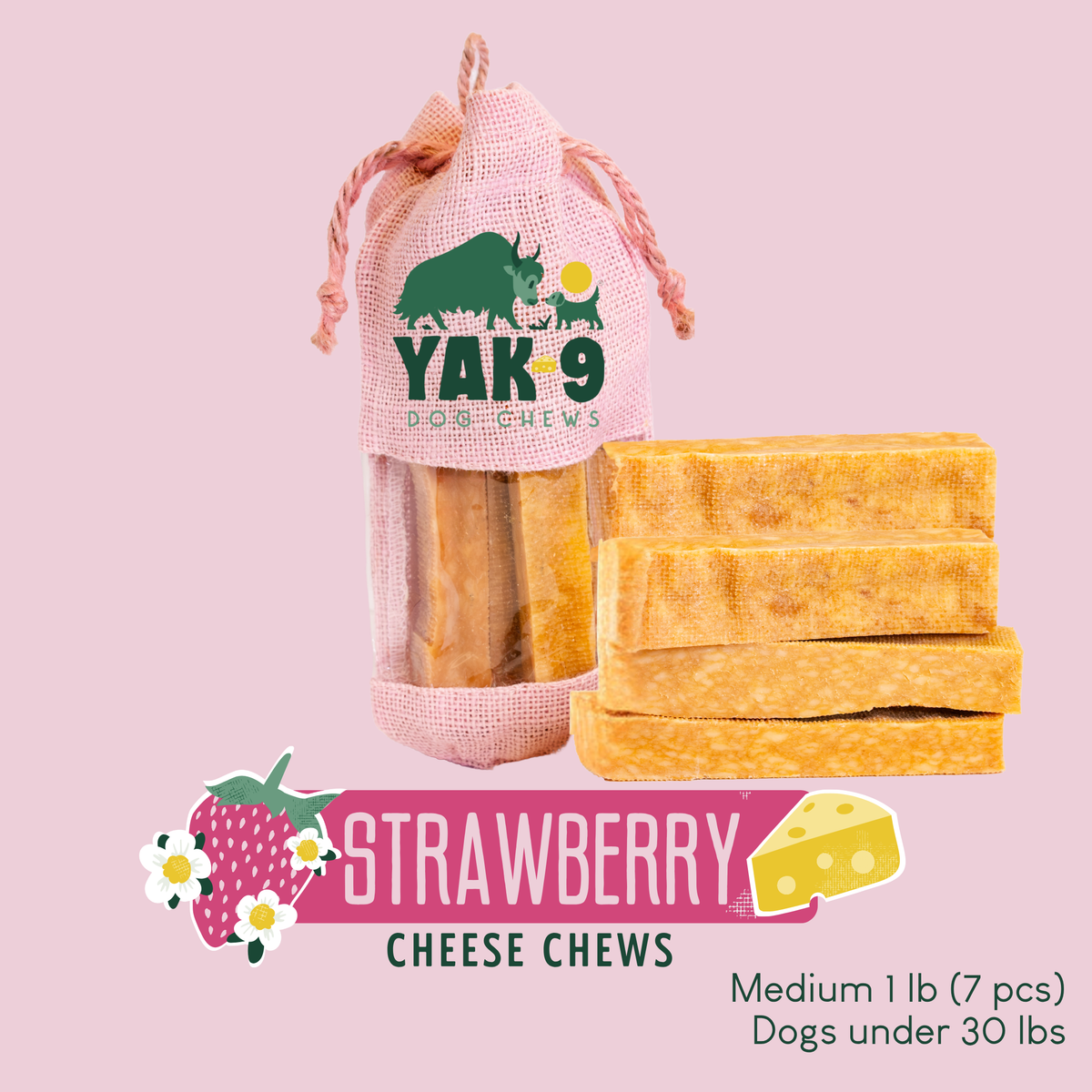 Strawberry cheese dog chews pouch, Medium 1 lb (7 pcs), with stacked orange chew slabs
