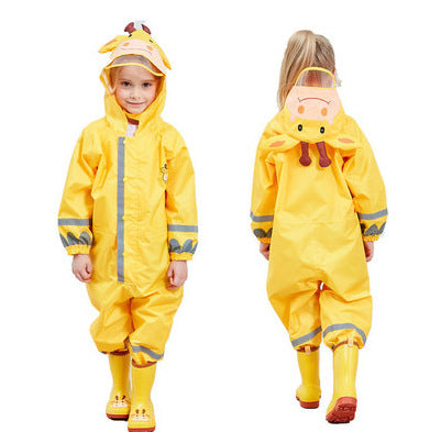 Yellow kids conjoined raincoat with hood, full-length pants, and reflective stripe details
