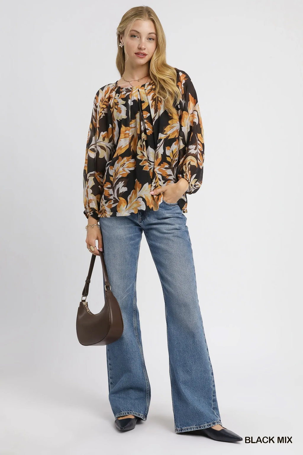 Leaf-print blouse with balloon sleeves and neck tie, black mix