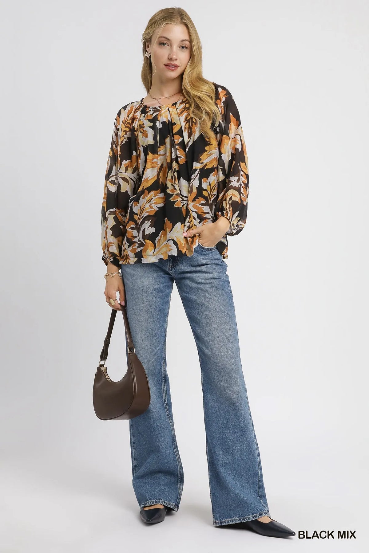 Leaf-print blouse with balloon sleeves and neck tie, black mix